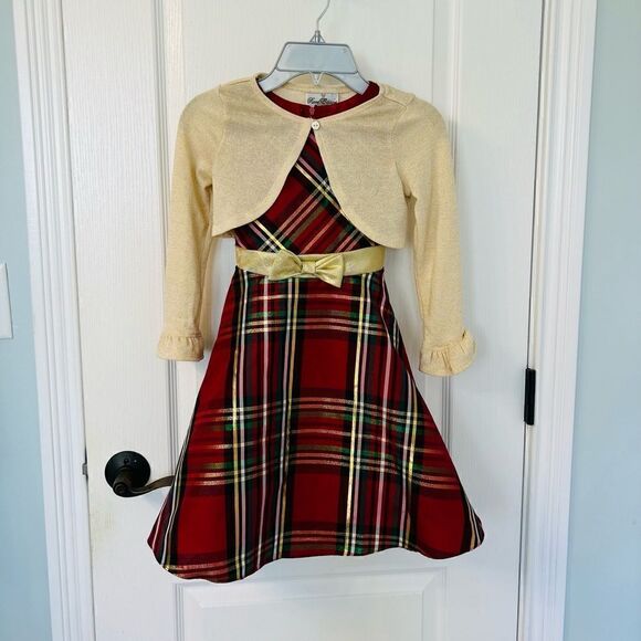 Rare
Editions Sparkle Christmas Plaid Dress with Gold Sweater Jacket! 🎁🎄 - Picture 3 of 4